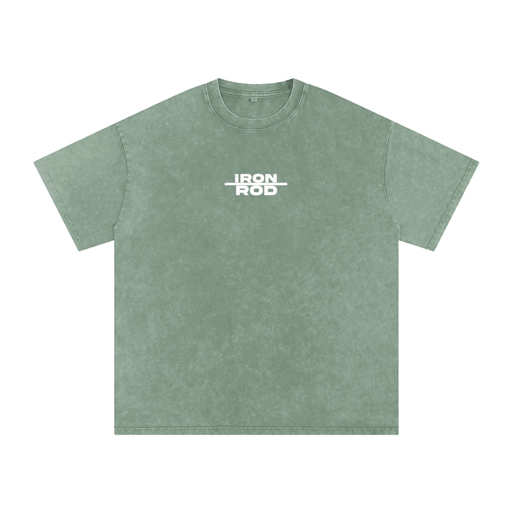 Foundation washed oversized t-shirt in sage green with "IRON ROD" graphic on front and car graphic on back.