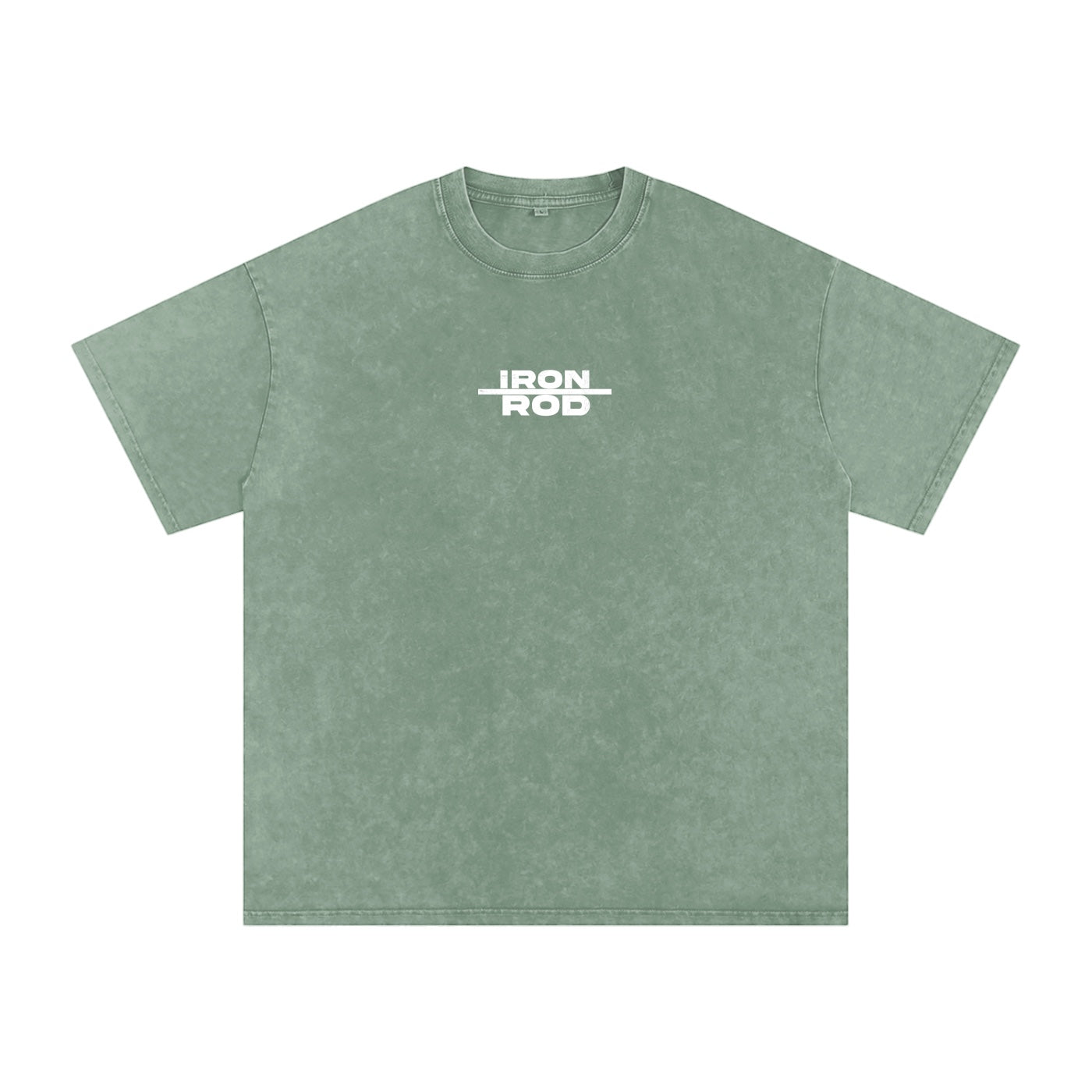 Foundation washed oversized t-shirt in sage green with "IRON ROD" graphic on front and car graphic on back.