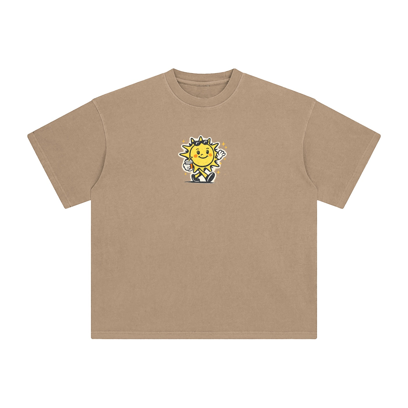 Foundation oversized t-shirt in tan cotton with a vintage wash and a graphic of a smiling sun holding a coffee cup.