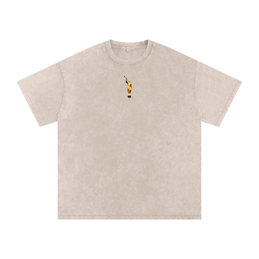 Foundation oversized t-shirt in beige with a small embroidered graphic of a figure holding a staff on the chest. Made from cotton blend.