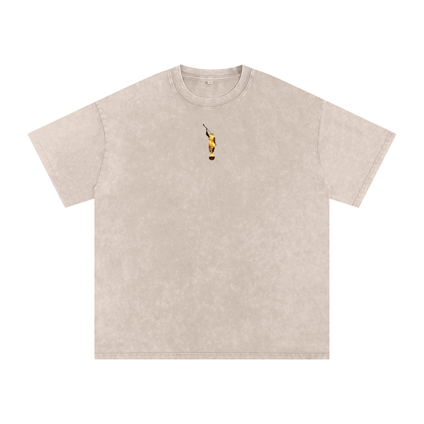 Foundation oversized t-shirt in beige with a small embroidered graphic of a figure holding a staff on the chest. Made from cotton blend.