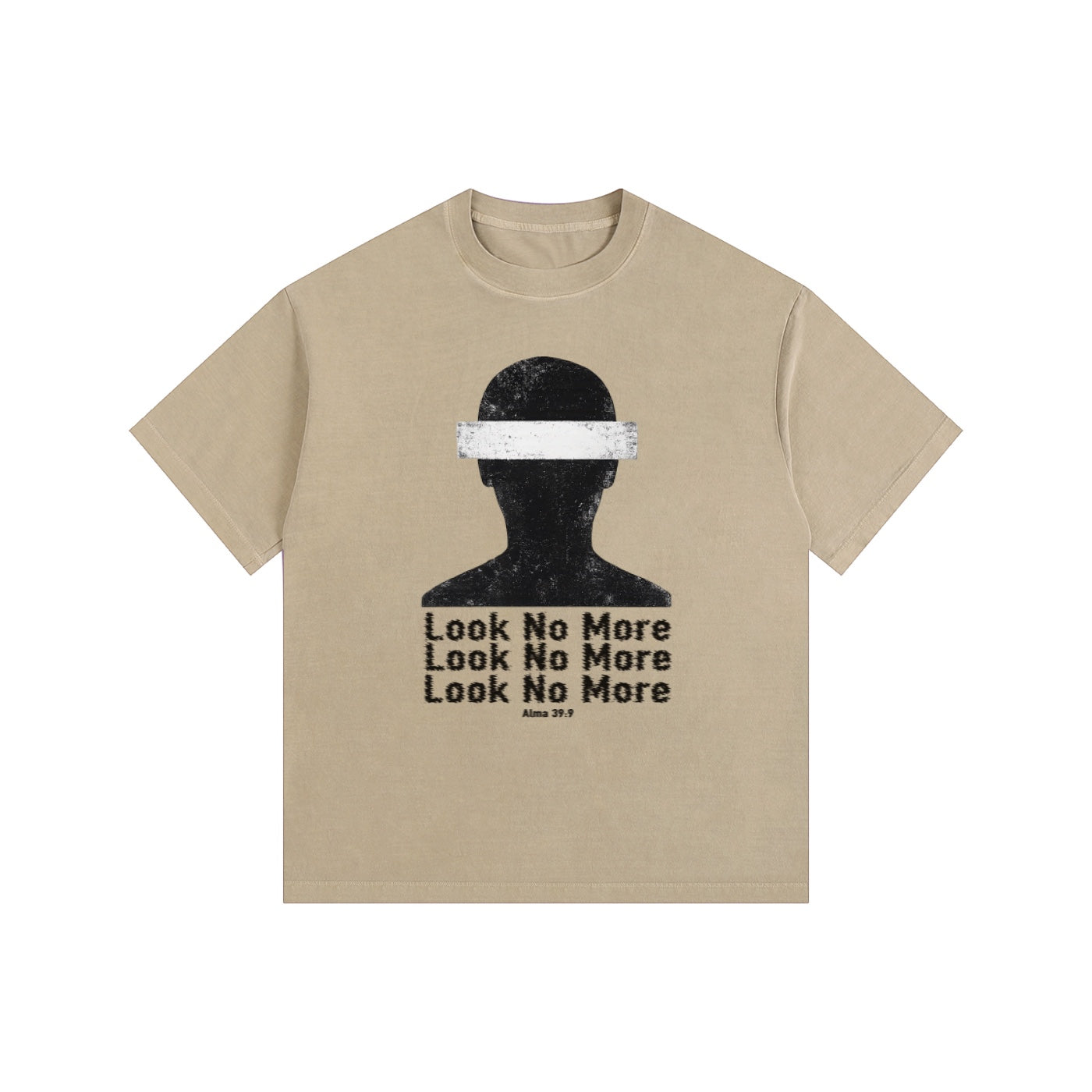 Foundation beige oversized t-shirt with a distressed graphic of a blindfolded silhouette and repeated text 'Look No More'.