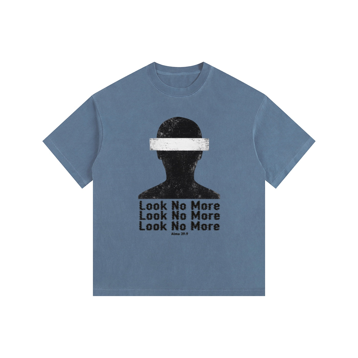 Foundation blue vintage-washed oversized t-shirt with a distressed graphic of a head with a blindfold and text reading "Look No More"