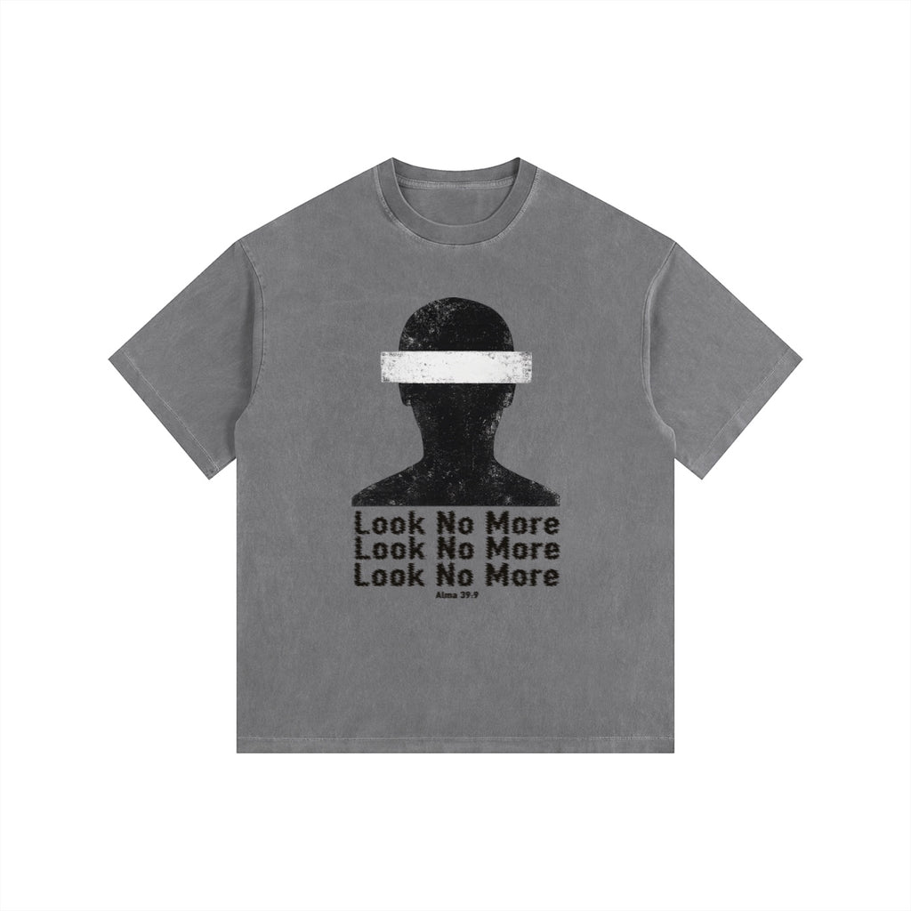 Foundation vintage-washed oversized grey t-shirt with a distressed blindfolded silhouette graphic and text.