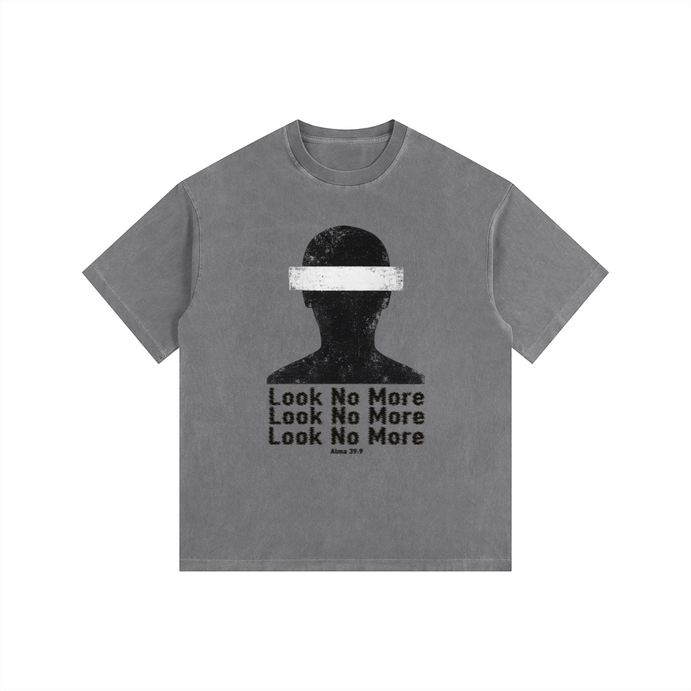 Foundation vintage-washed oversized grey t-shirt with a distressed blindfolded silhouette graphic and text.