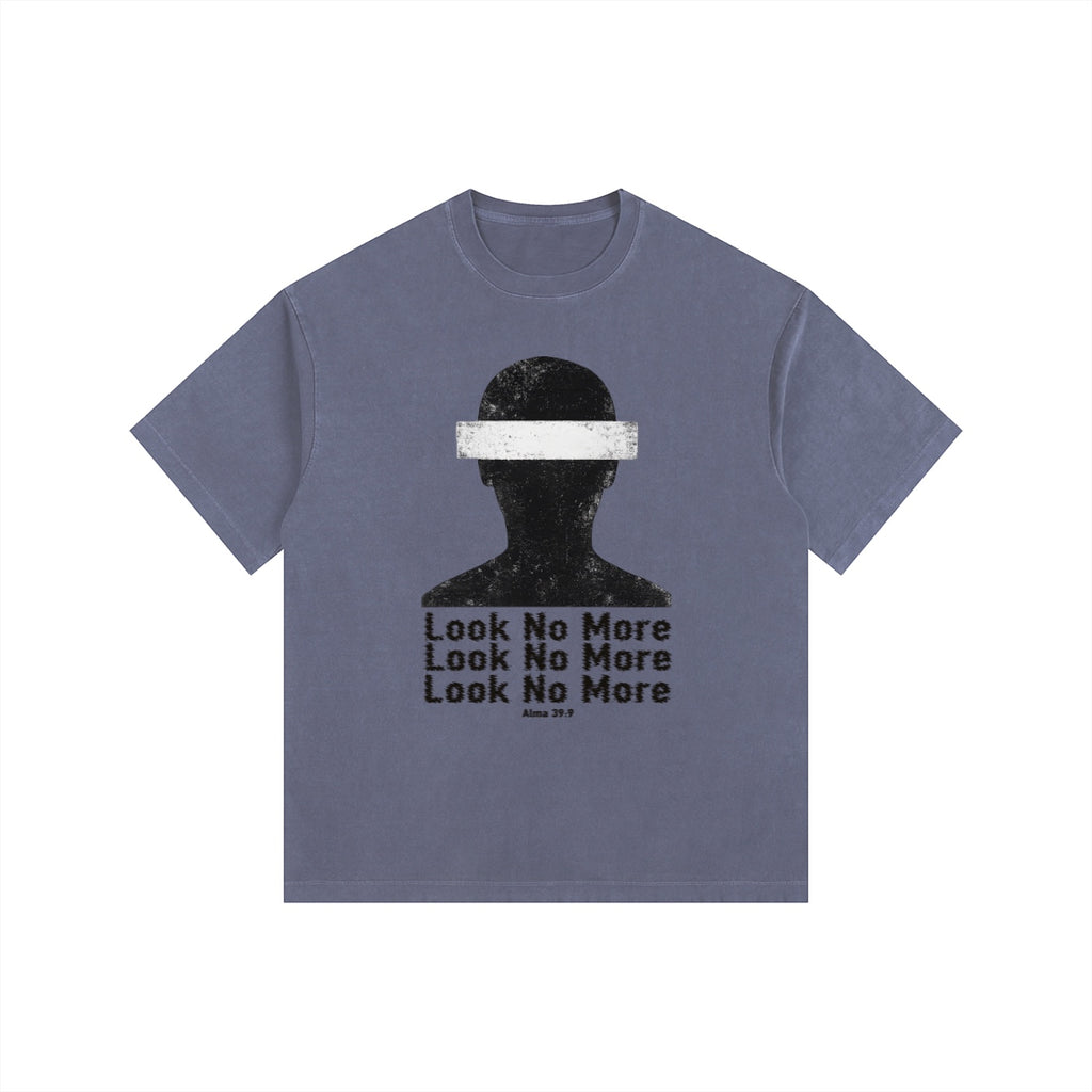 Foundation oversized vintage-washed t-shirt in slate blue with a distressed graphic of a blindfolded silhouette and text.