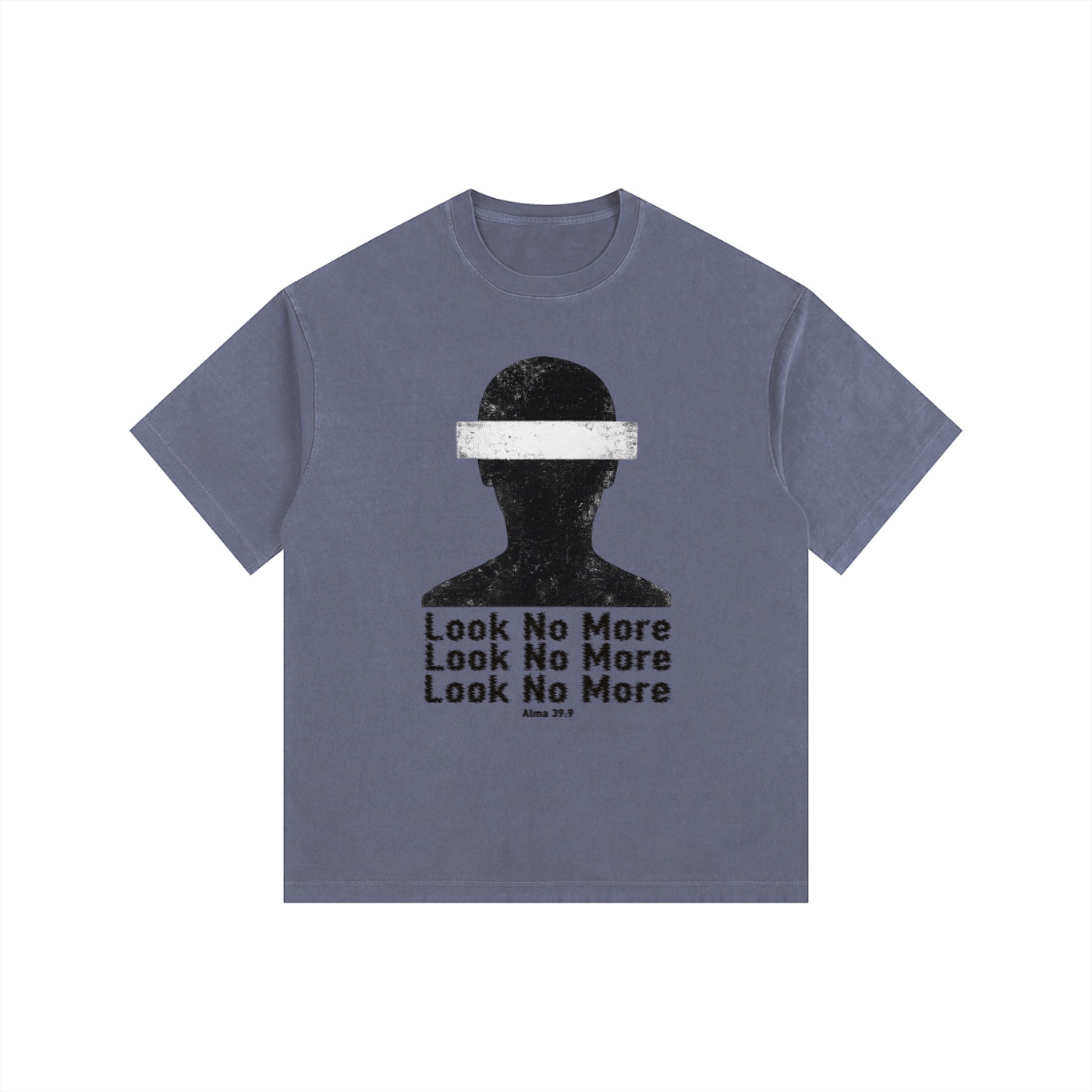 Foundation oversized vintage-washed t-shirt in slate blue with a distressed graphic of a blindfolded silhouette and text.