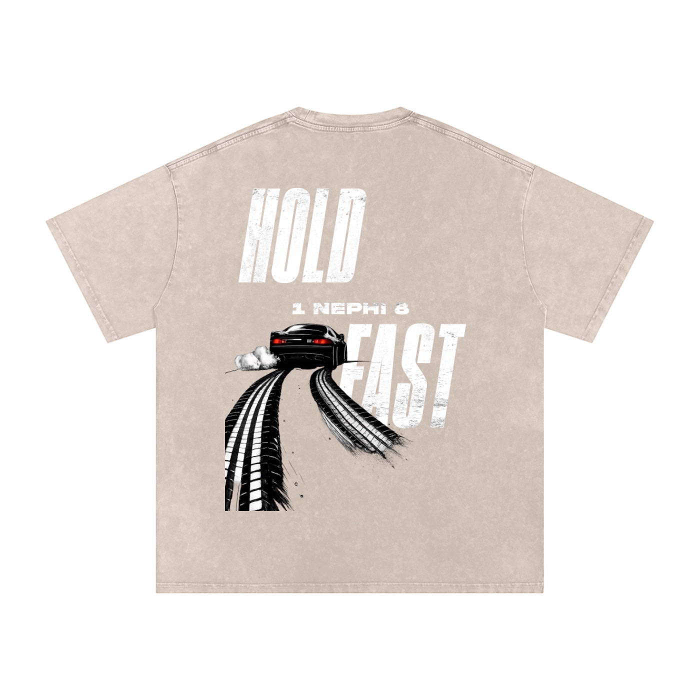 Foundation oversized washed t-shirt with a graphic of a car drifting with tire marks and the text "HOLD FAST" and "1 Nephi 8".