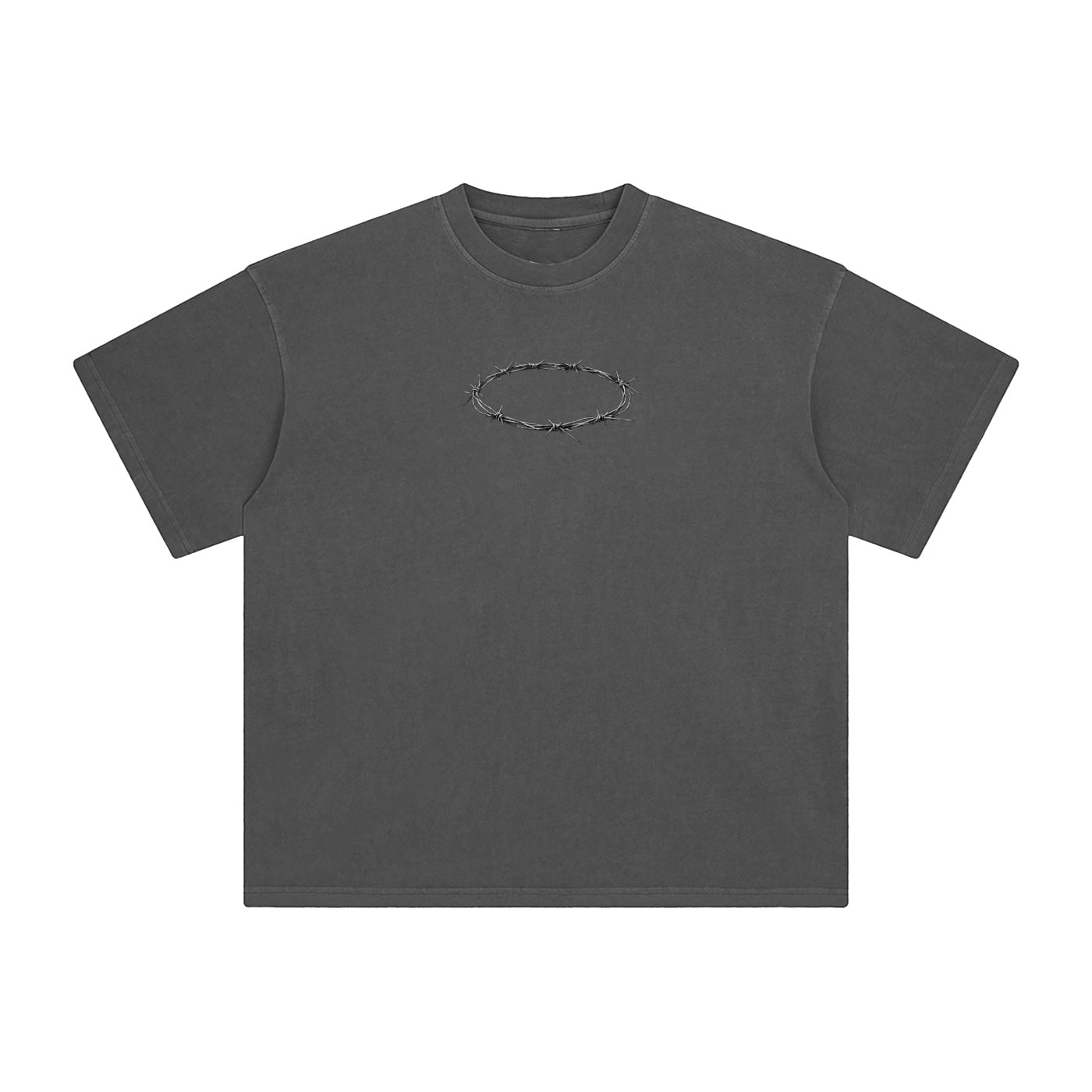 Foundation oversized charcoal grey cotton t-shirt with embroidered barbed wire crown graphic on chest.