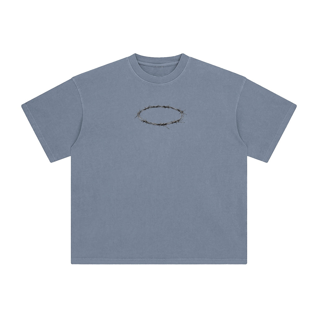 Foundation oversized washed cotton t-shirt in dusty blue with a barbed wire crown graphic on the chest.