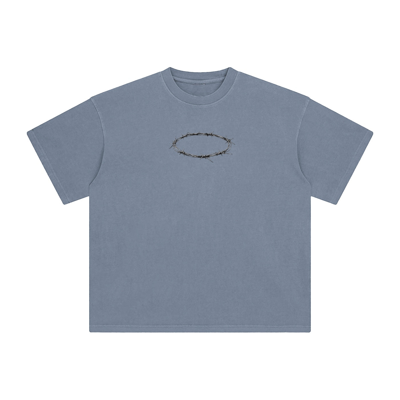 Foundation oversized washed cotton t-shirt in dusty blue with a barbed wire crown graphic on the chest.