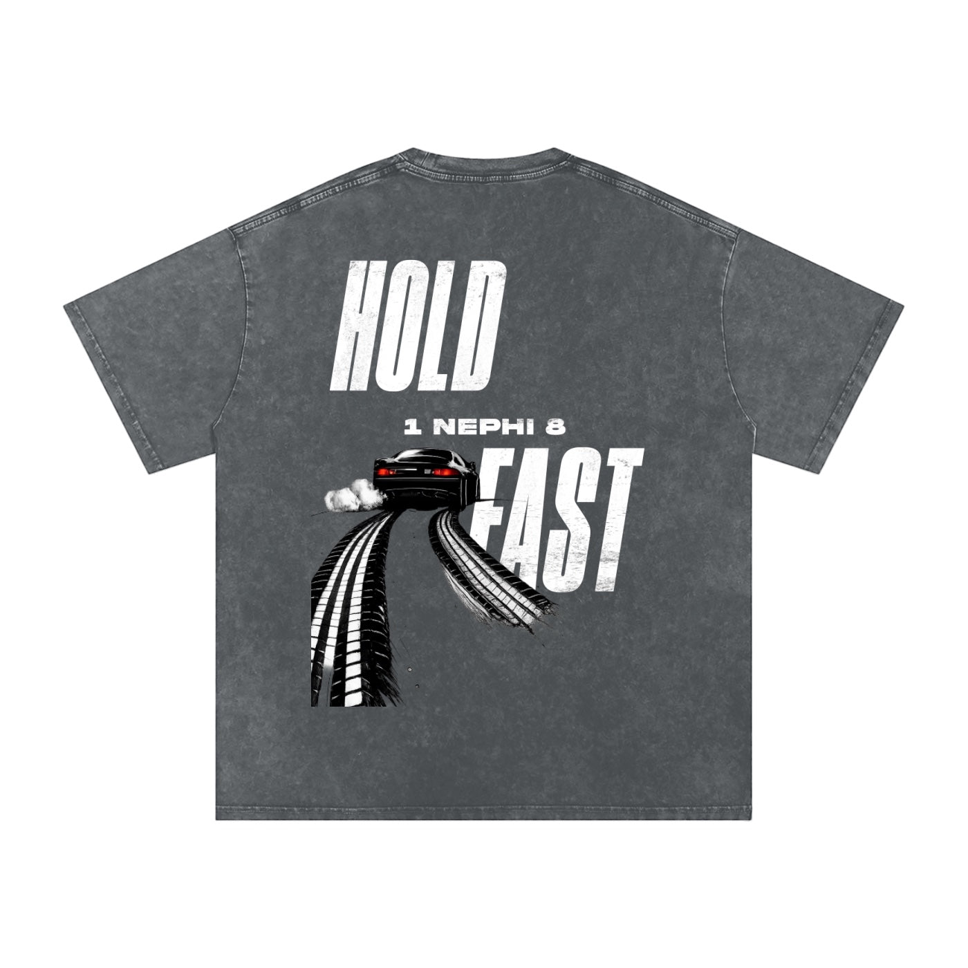 Foundation charcoal washed oversized t-shirt with "HOLD 1 NEPHI 8 FAST" graphic and car on tire tracks.