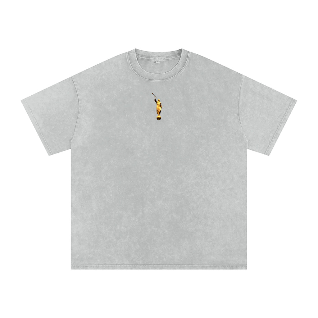 Foundation oversized vintage washed grey cotton blend t-shirt with small gold graphic on chest.