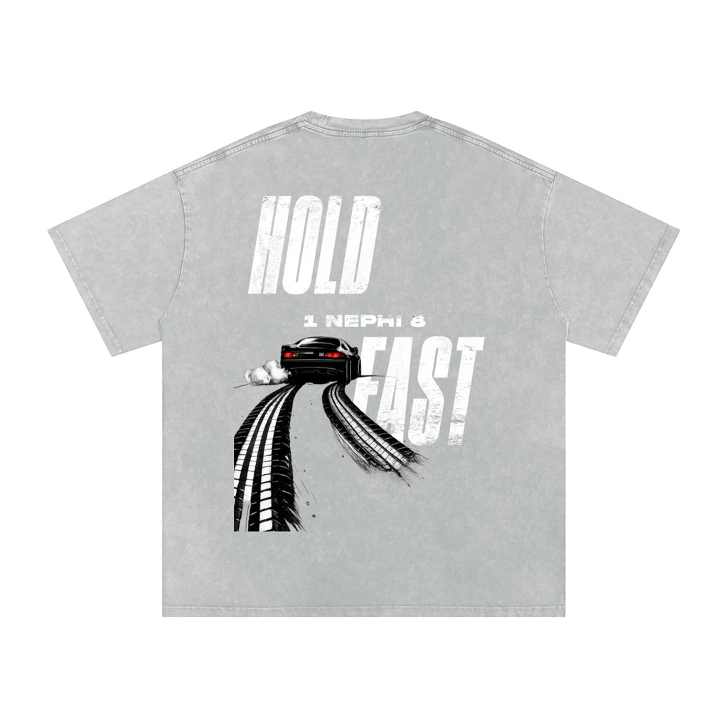 Foundation washed oversized grey t-shirt with "HOLD FAST" graphic and car drifting on the back.