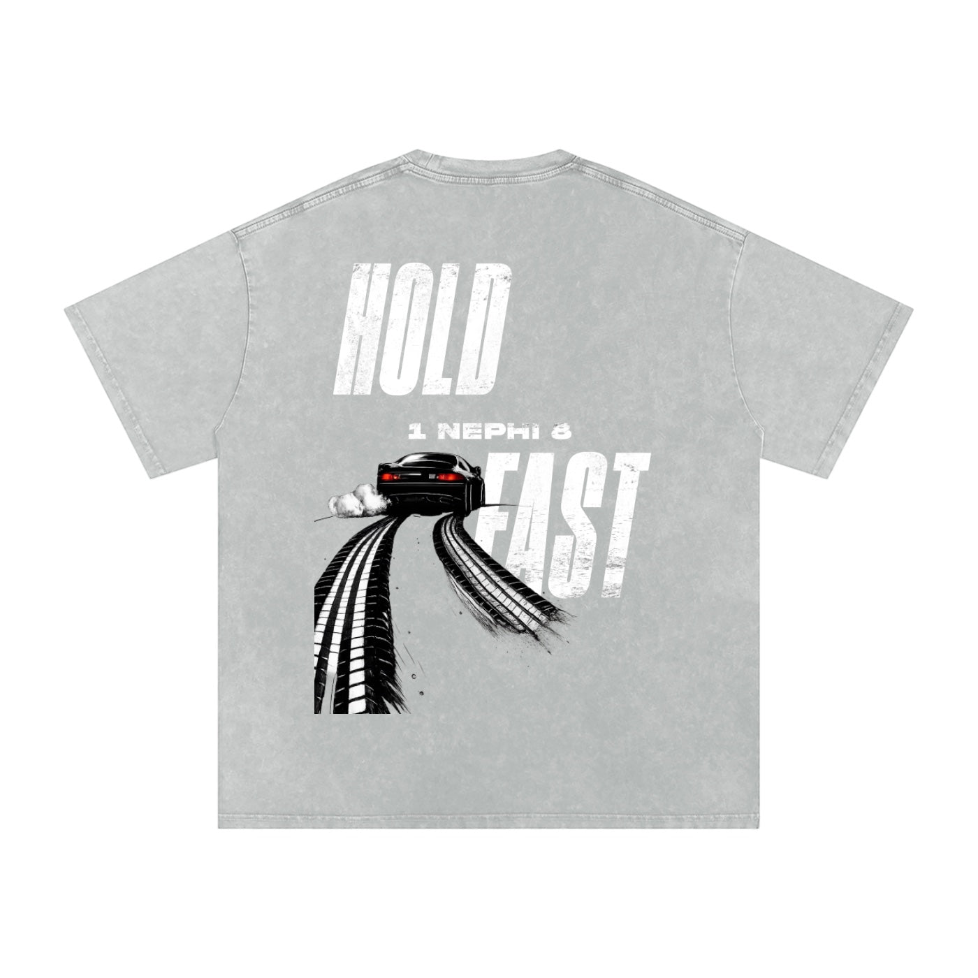 Foundation washed oversized grey t-shirt with "HOLD FAST" graphic and car drifting on the back.
