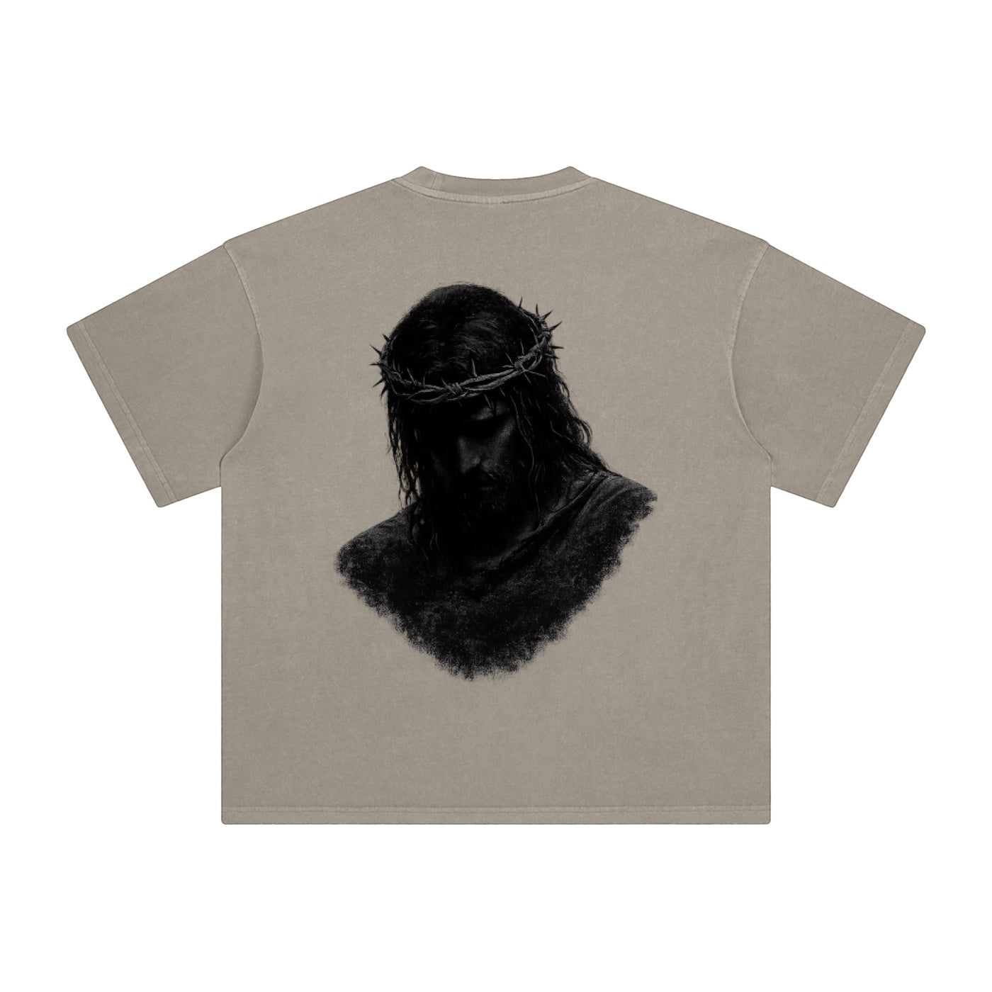 Foundation oversized washed cotton t-shirt with a dark graphic of Jesus wearing a crown of thorns on the back.