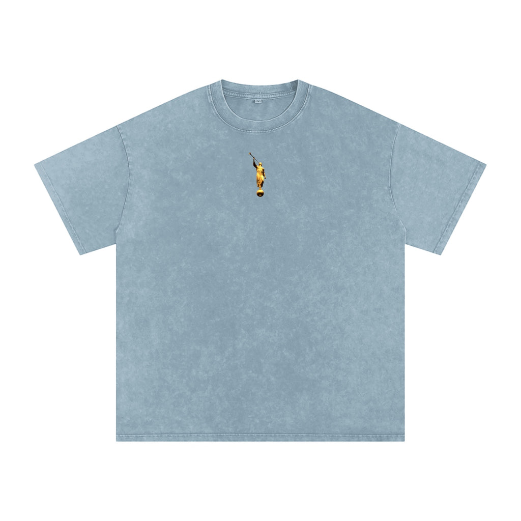 Foundation. Oversize light blue washed cotton t-shirt with small gold graphic on chest. Vintage wash, heavyweight.