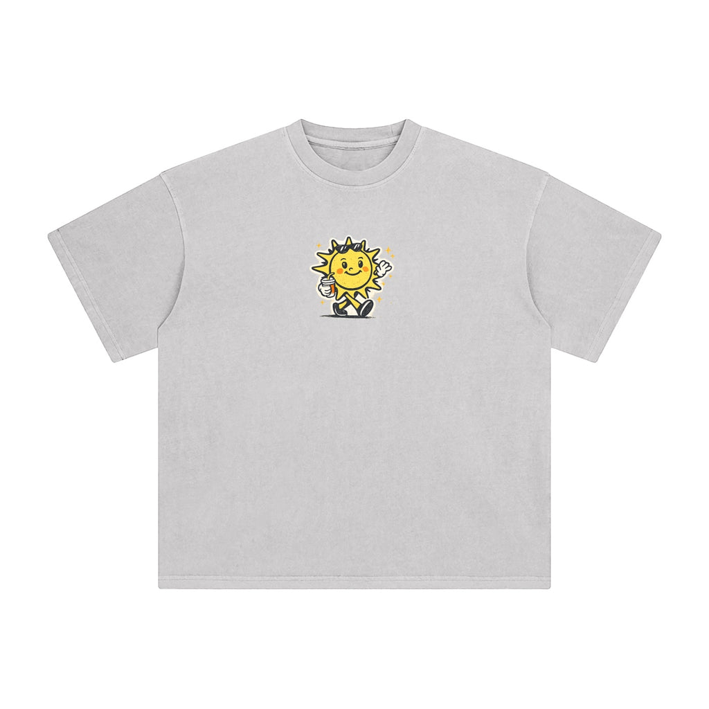 Foundation MATTHEW 5:14 Oversize T-Shirt in light grey, premium cotton with vintage wash and a graphic of a smiling sun holding a coffee cup.