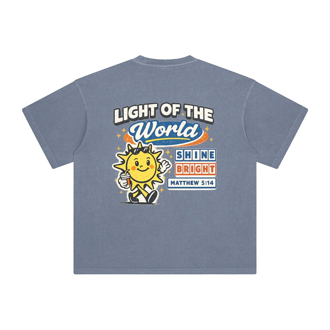 Foundation oversized vintage wash cotton t-shirt with 'Light of the World' graphic and cartoon sun.