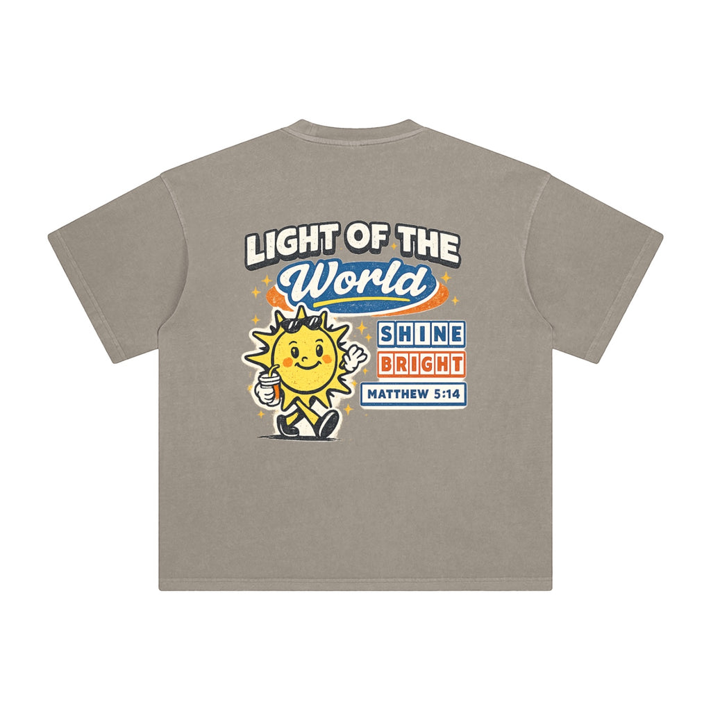 Foundation MATTHEW 5:14 Oversize T-Shirt in taupe, featuring a vintage wash and a graphic of a sun character with "Light of the World" and "Shine Bright" text.