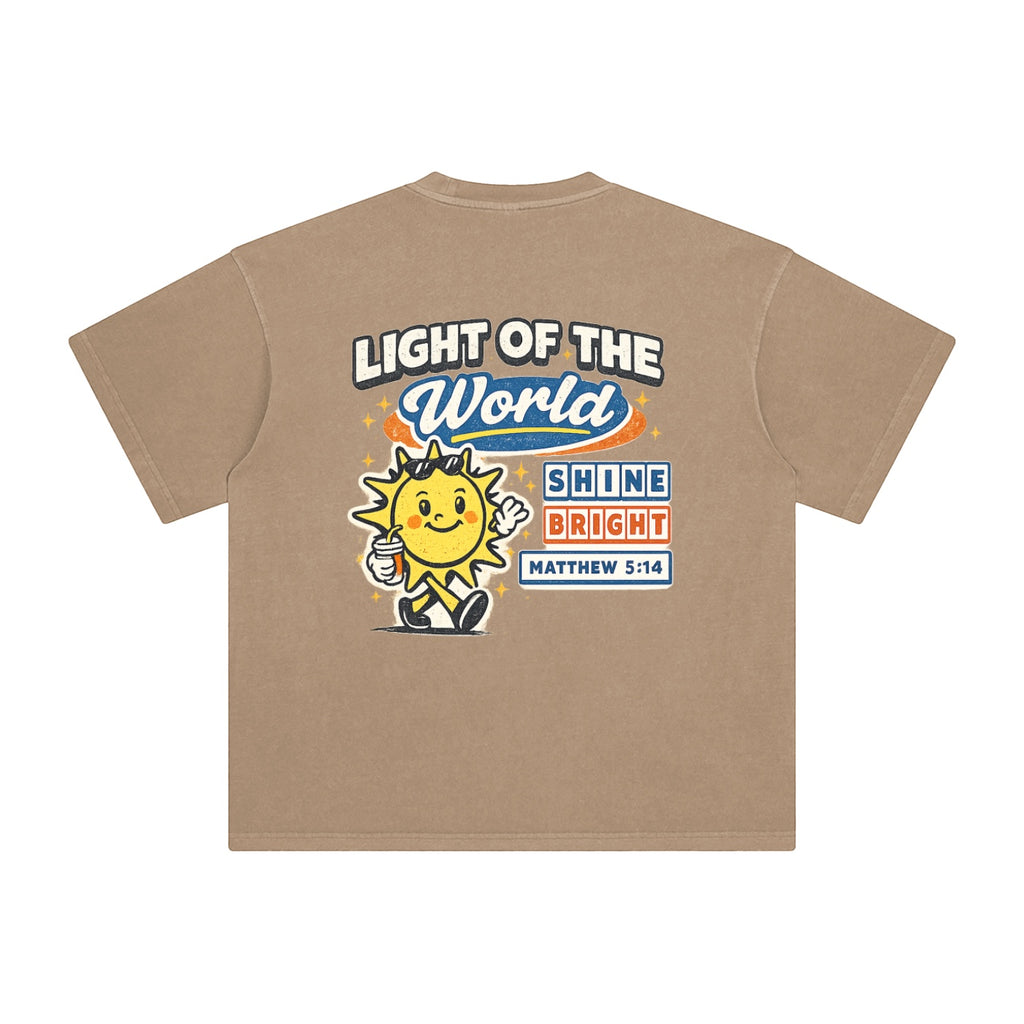 Foundation MATTHEW 5:14 Oversize T-Shirt in tan cotton with a vintage wash, featuring a graphic of a smiling sun holding a drink.