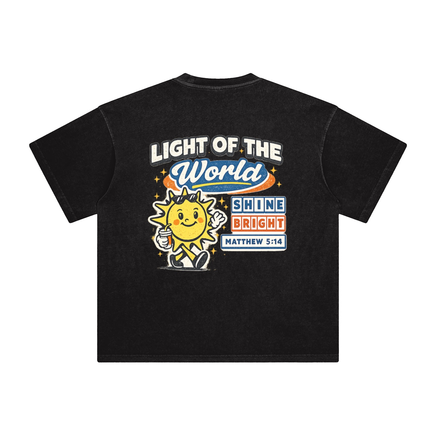 Foundation MATTHEW 5:14 Oversize T-Shirt in black premium cotton with vintage wash, featuring a graphic of a sun character and "Light of the World Shine Bright" text.