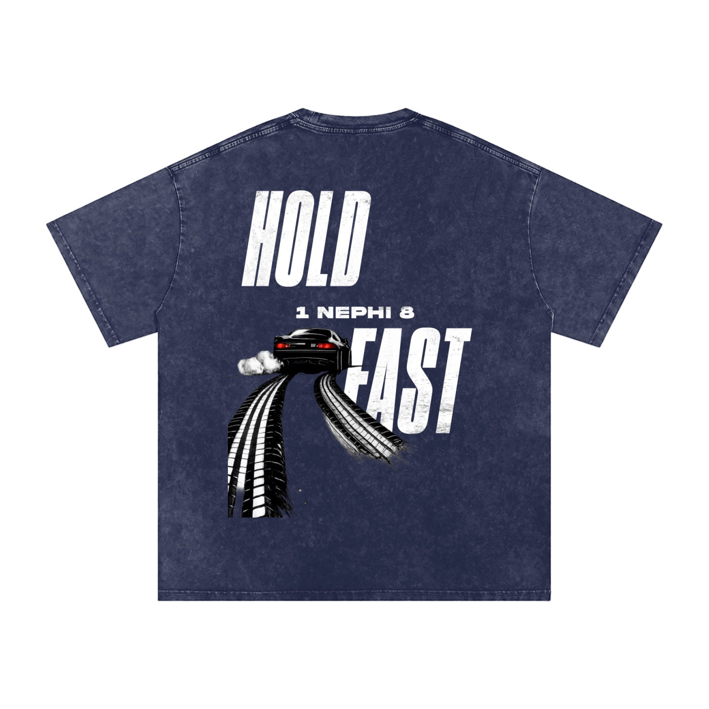 Foundation washed oversized navy t-shirt with "HOLD FAST" graphic and car on back. 100% cotton.