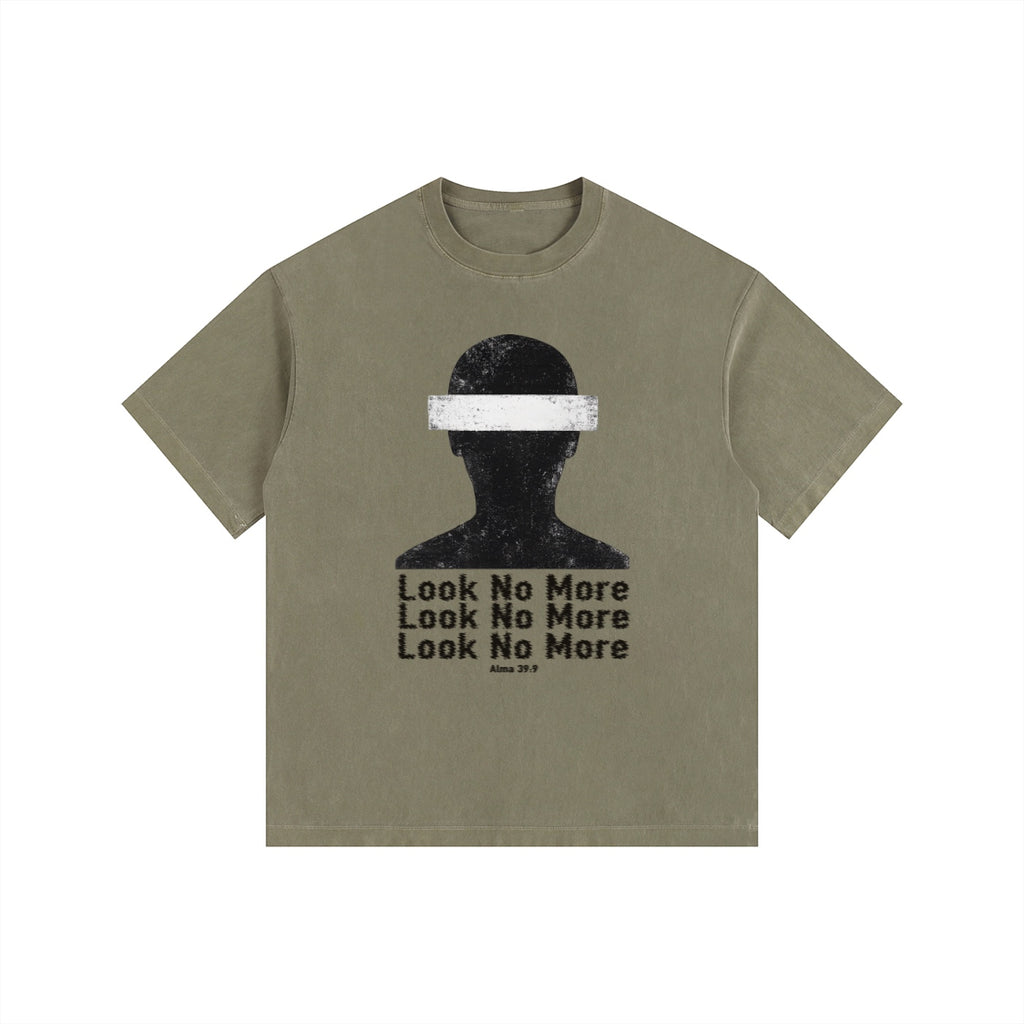 Foundation olive green oversized t-shirt with a distressed graphic of a head with a blindfold and text reading "Look No More"