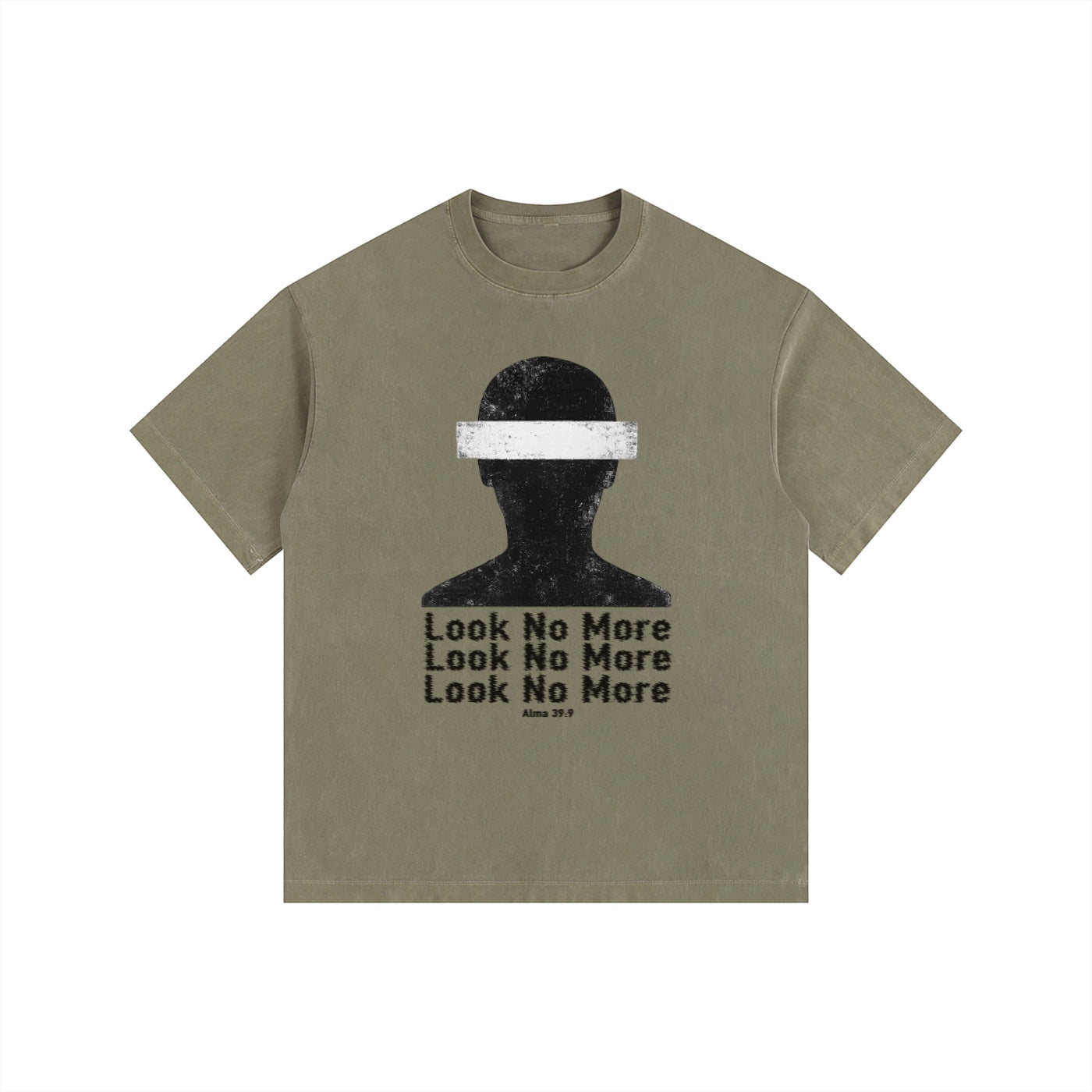 Foundation olive green oversized t-shirt with a distressed graphic of a head with a blindfold and text reading "Look No More"