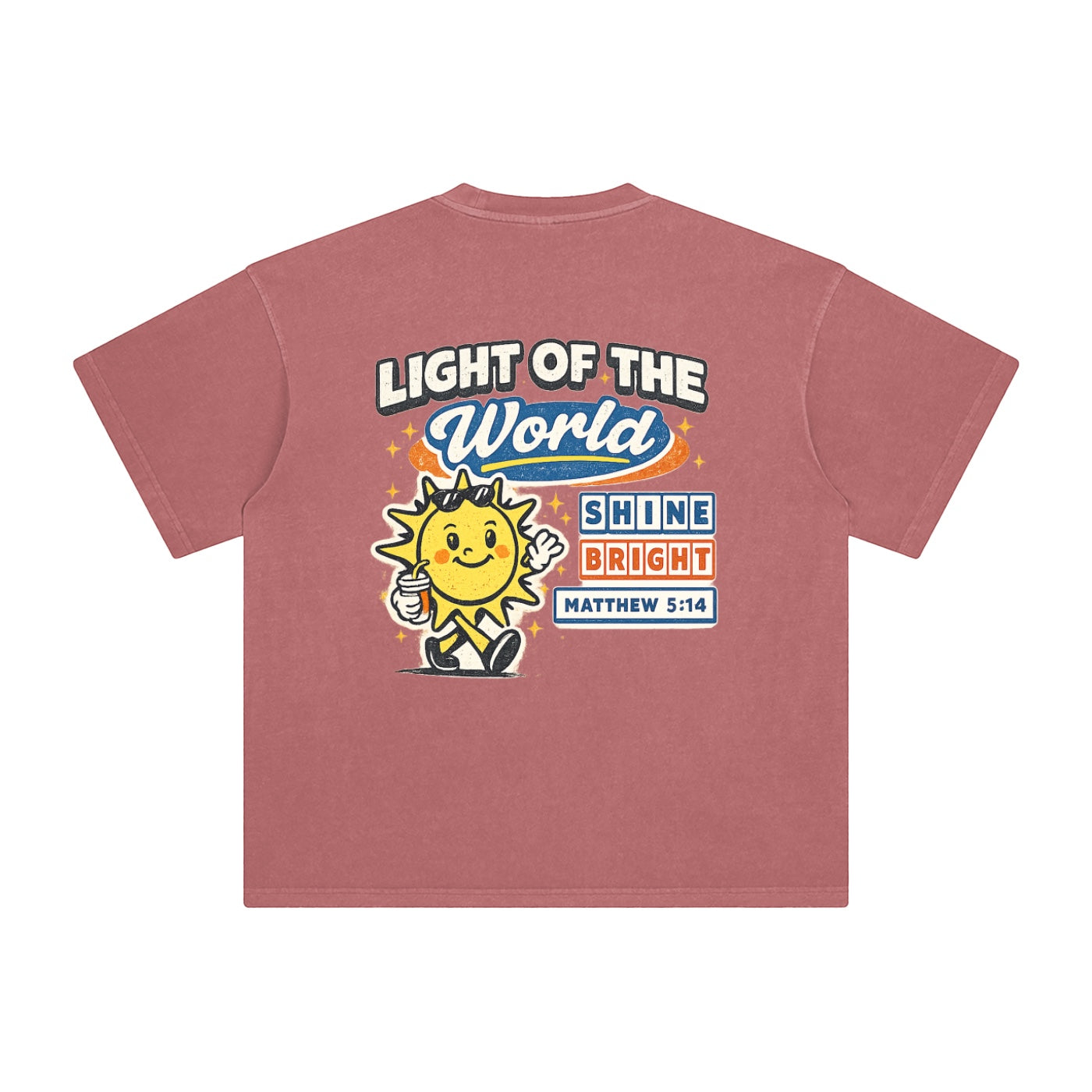 Foundation MATTHEW 5:14 Oversize T-Shirt in rose pink, premium cotton with vintage wash, featuring a graphic of a smiling sun holding a cup.