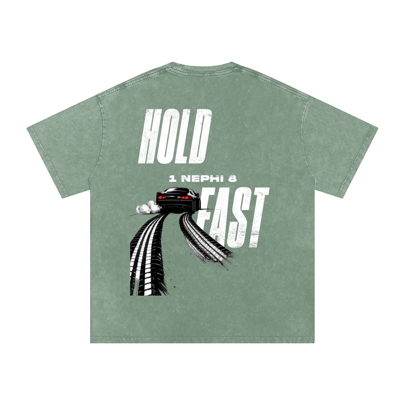 Foundation washed oversized t-shirt in sage green with "HOLD FAST" graphic and car drifting on back.
