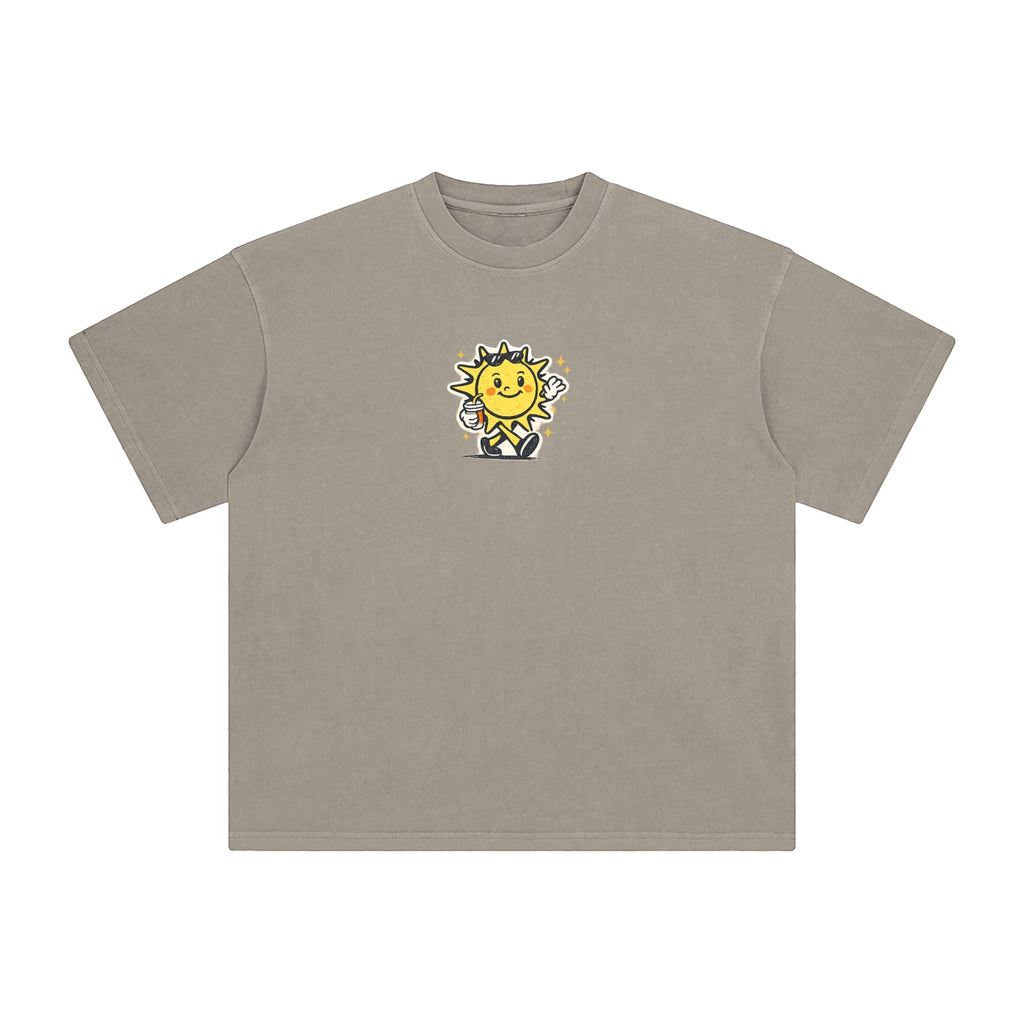 Foundation oversized vintage wash cotton t-shirt in taupe with a graphic of a smiling sun holding a coffee cup.