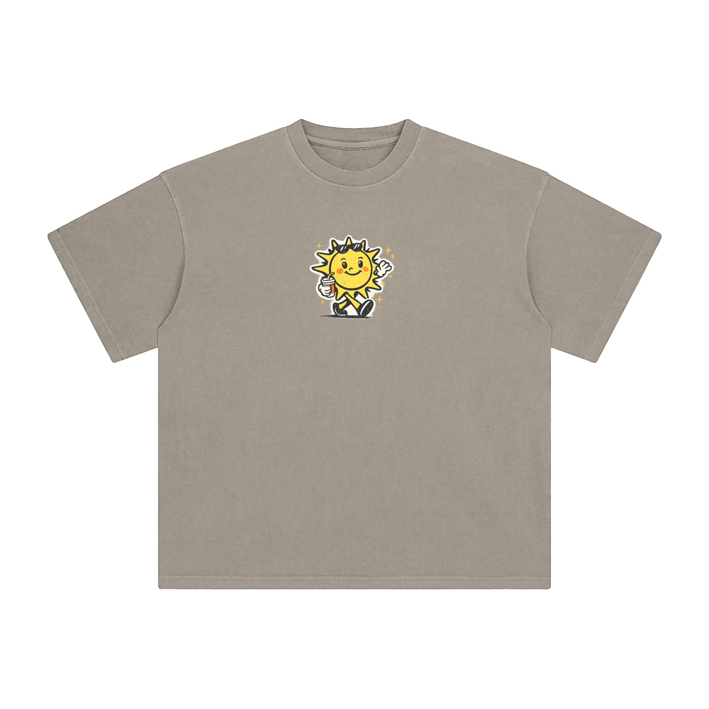 Foundation oversized vintage wash cotton t-shirt in taupe with a graphic of a smiling sun holding a coffee cup.