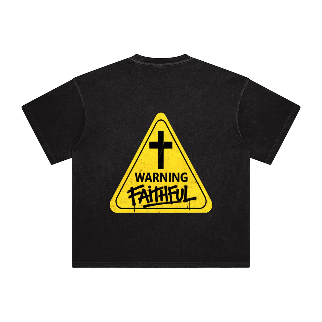 Foundation WARNING Oversize T-Shirt in black heavyweight cotton with a yellow warning sign graphic on the back.