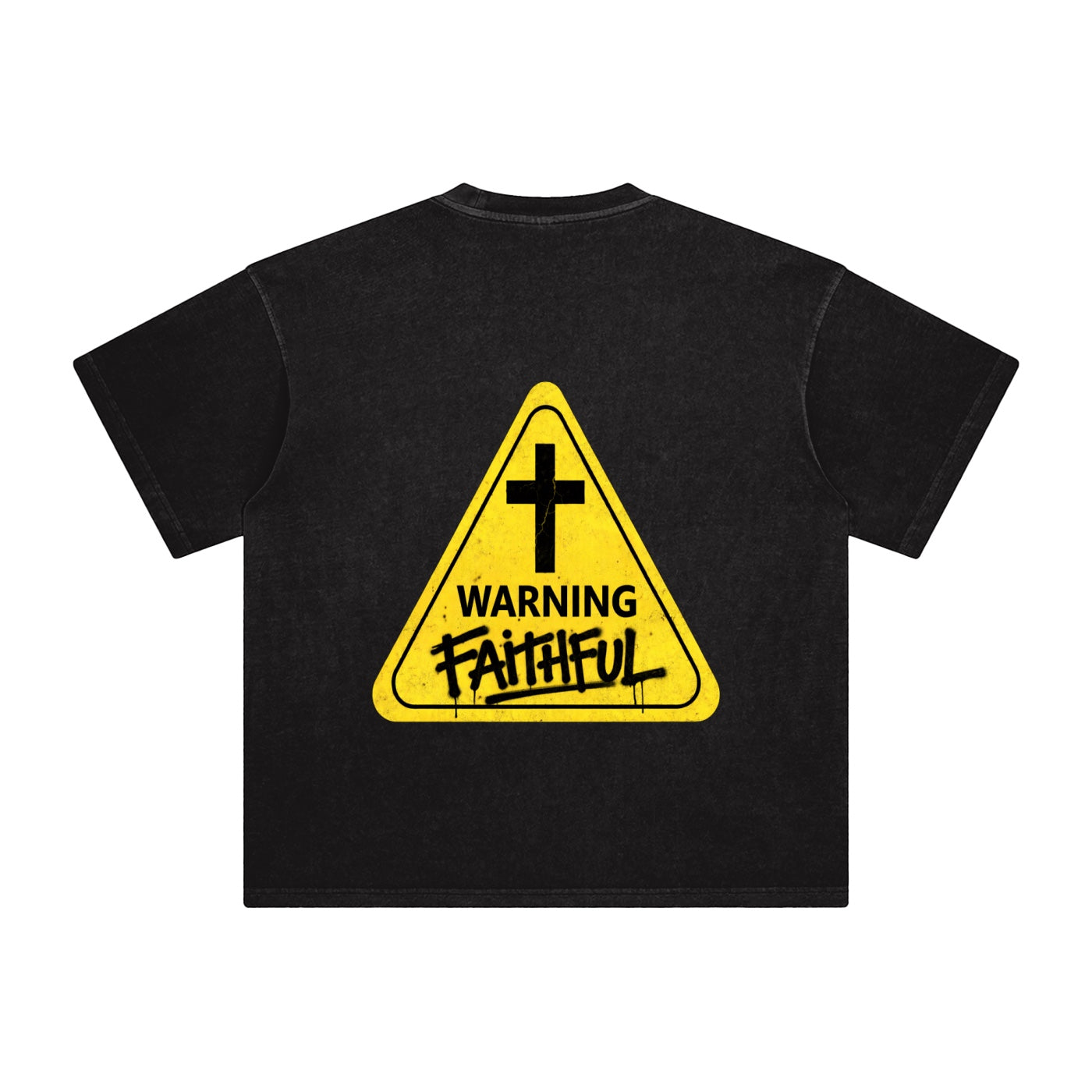 Foundation WARNING Oversize T-Shirt in black heavyweight cotton with a yellow warning sign graphic on the back.