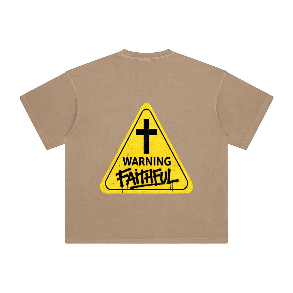 Foundation WARNING Oversize T-Shirt in tan heavyweight cotton with a yellow warning sign graphic and distressed finish.