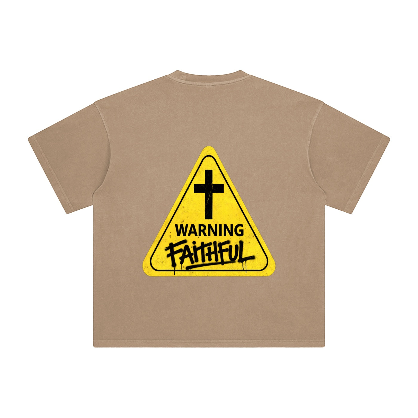Foundation WARNING Oversize T-Shirt in tan heavyweight cotton with a yellow warning sign graphic and distressed finish.