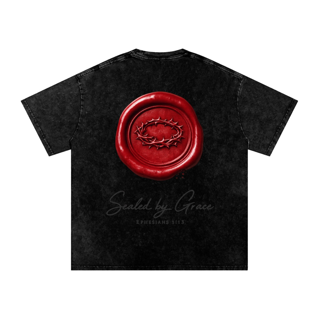 Foundation black vintage-washed cotton oversized t-shirt with red wax seal graphic and "Sealed by Grace" text.