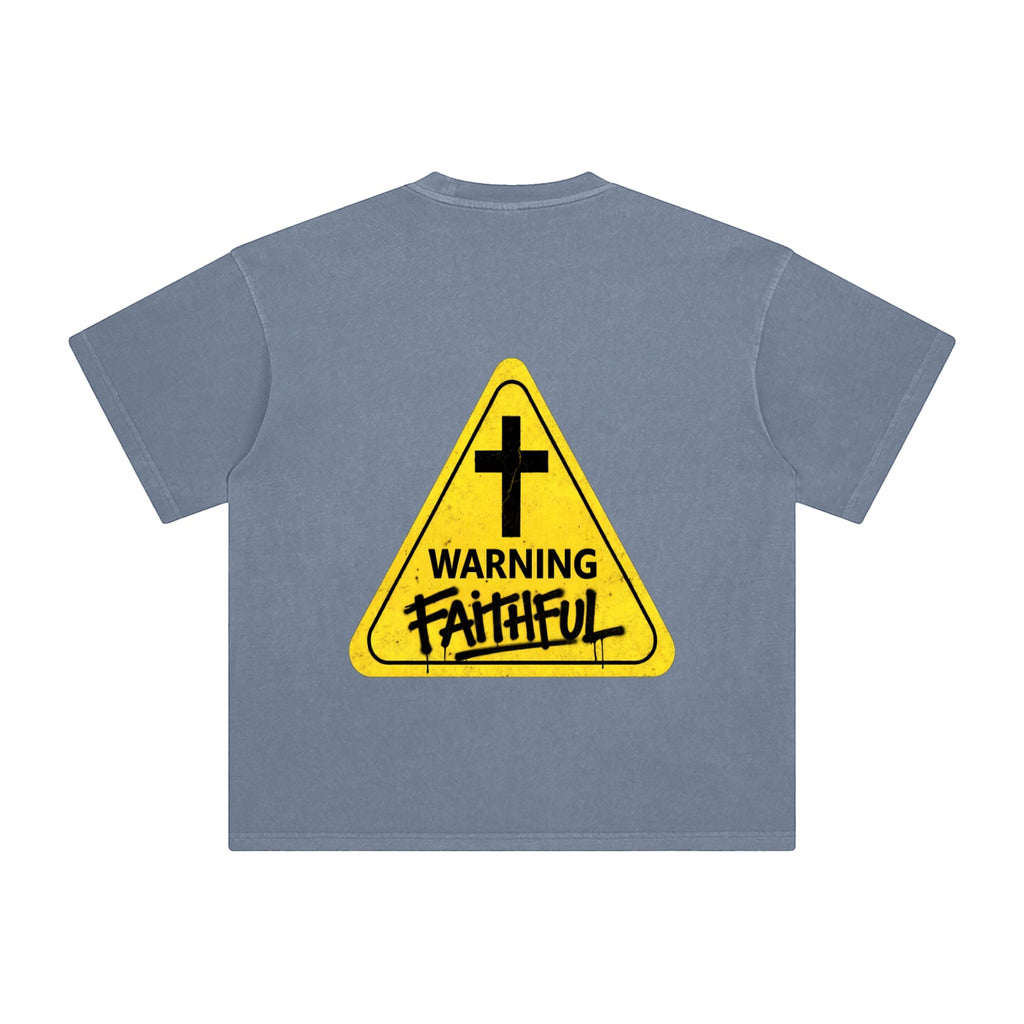 Foundation WARNING Oversize T-Shirt in slate blue heavyweight cotton with a yellow warning sign graphic featuring a cross and distressed "FAITHFUL" text.