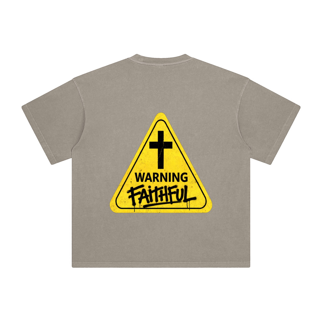Foundation WARNING Oversize T-Shirt in grey heavyweight cotton with a large yellow warning sign graphic on the back.