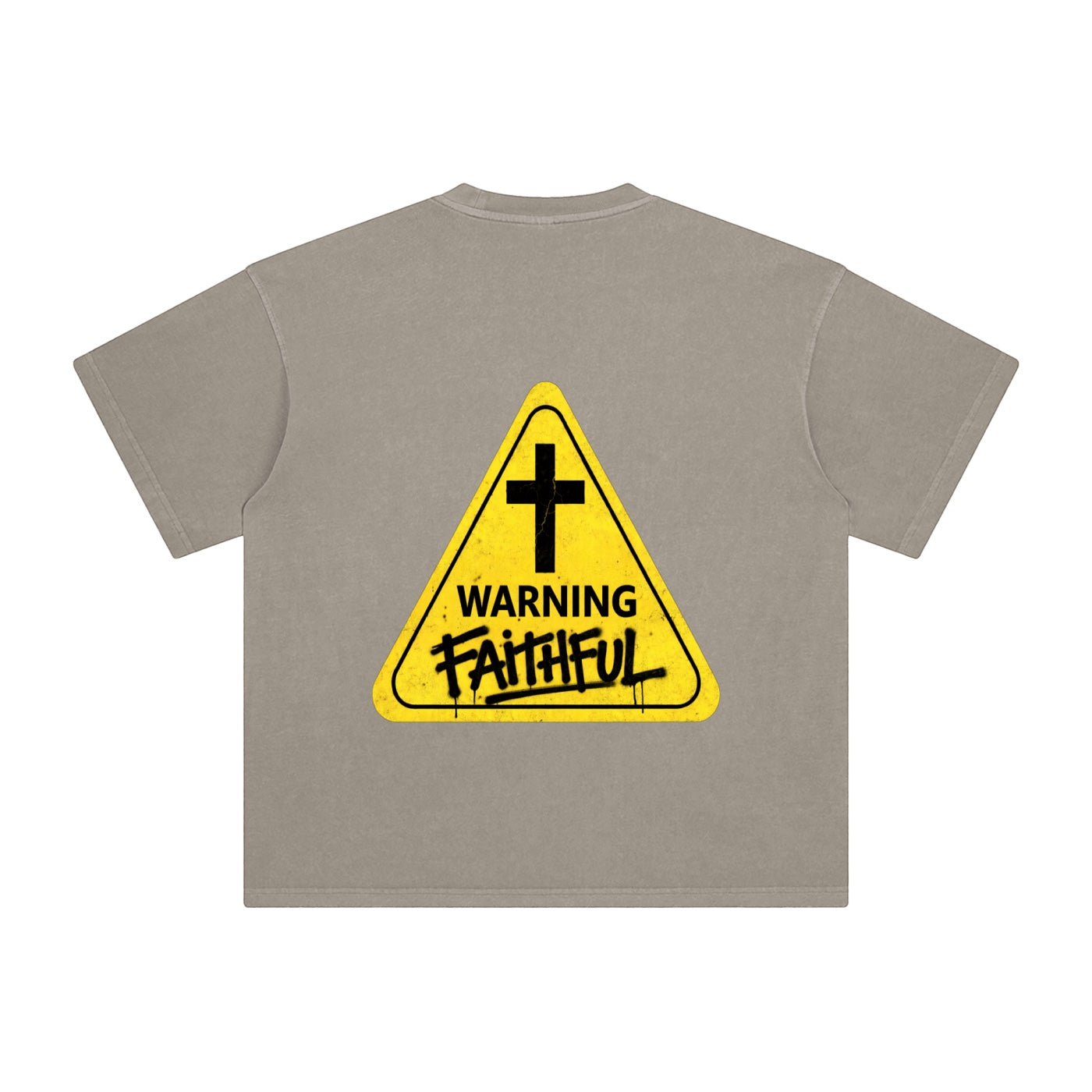 Foundation WARNING Oversize T-Shirt in grey heavyweight cotton with a large yellow warning sign graphic on the back.