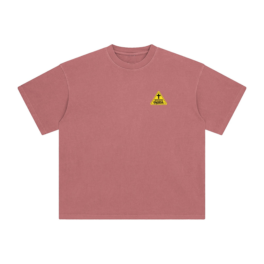 Foundation WARNING Oversize T-Shirt in dusty rose heavyweight cotton with a small yellow warning sign graphic on the left chest.