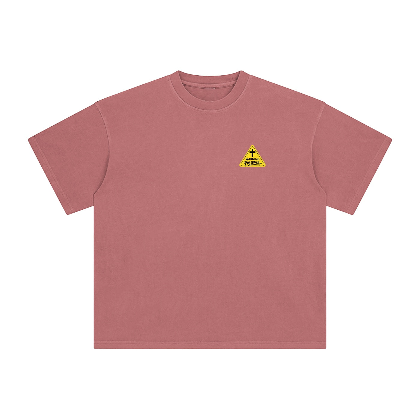 Foundation WARNING Oversize T-Shirt in dusty rose heavyweight cotton with a small yellow warning sign graphic on the left chest.