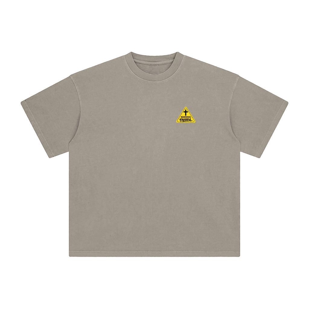 Foundation WARNING Oversize T-Shirt in taupe heavyweight cotton with a small yellow warning icon and