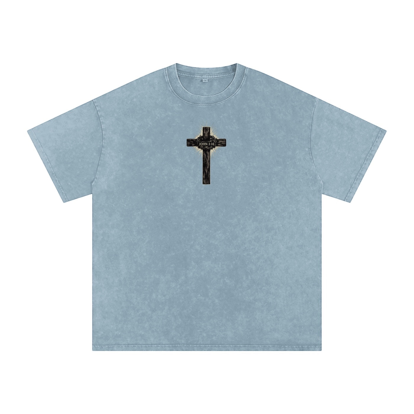 Foundation. Oversized light blue acid-wash cotton t-shirt with a distressed graphic of a cross and "JOHN 3:16" text on the front.