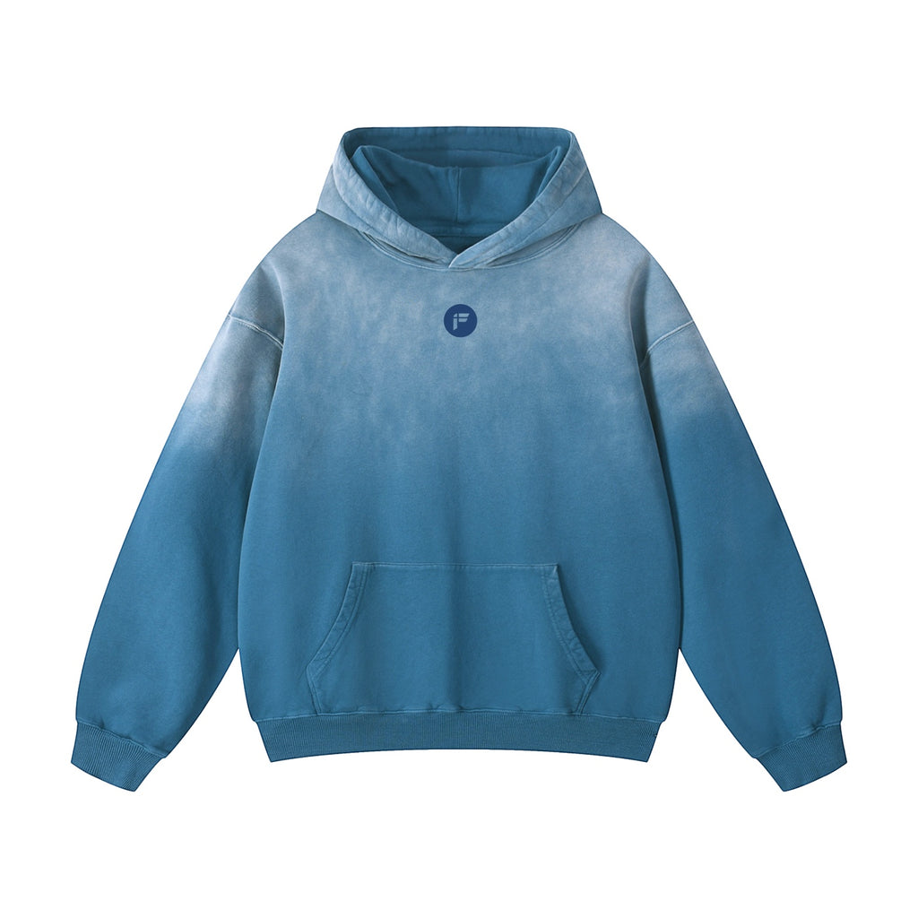 Foundation oversized blue gradient hoodie with soft fleece interior and statement back design.