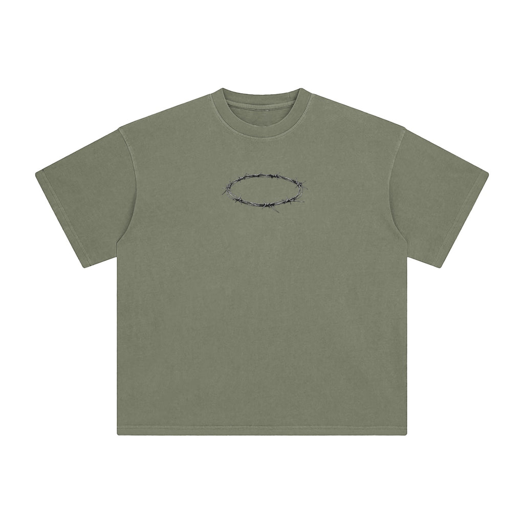 Foundation olive green oversized cotton t-shirt with a barbed wire crown graphic on the chest.