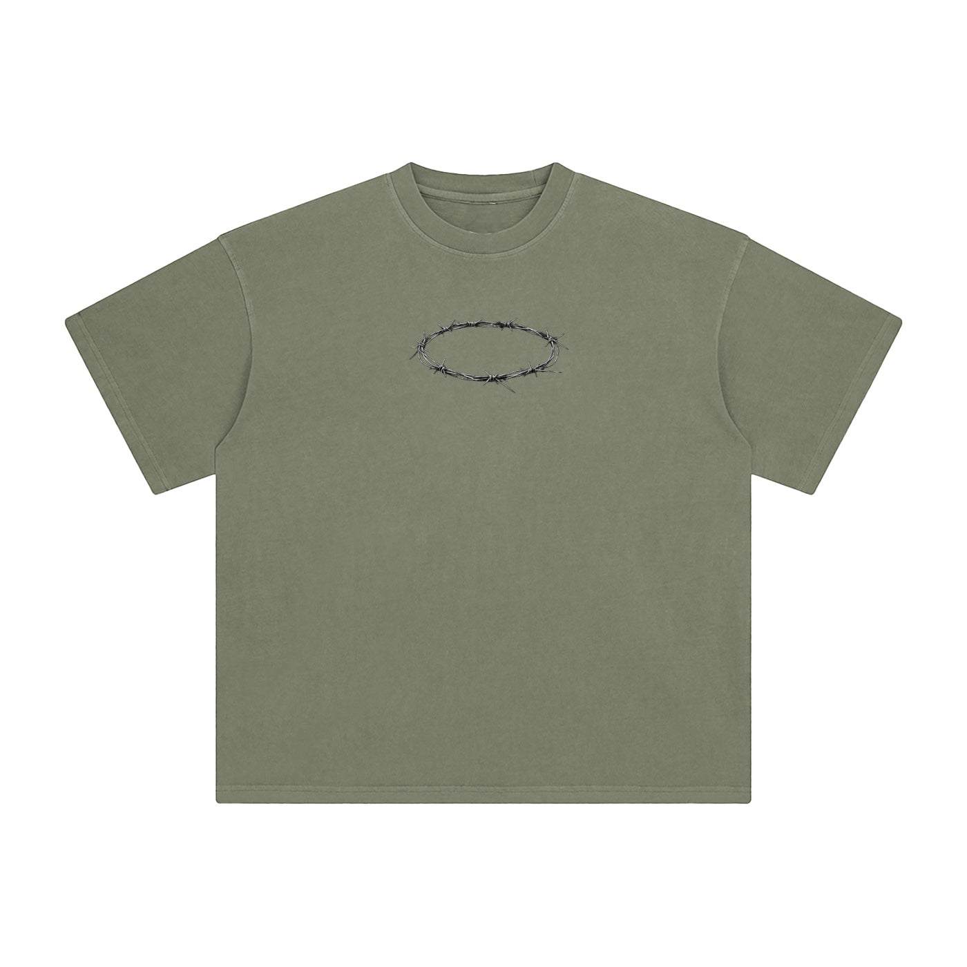Foundation olive green oversized cotton t-shirt with a barbed wire crown graphic on the chest.