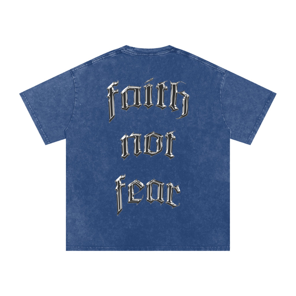 Foundation oversized blue washed cotton t-shirt with "Faith Not Fear" graphic print on back.
