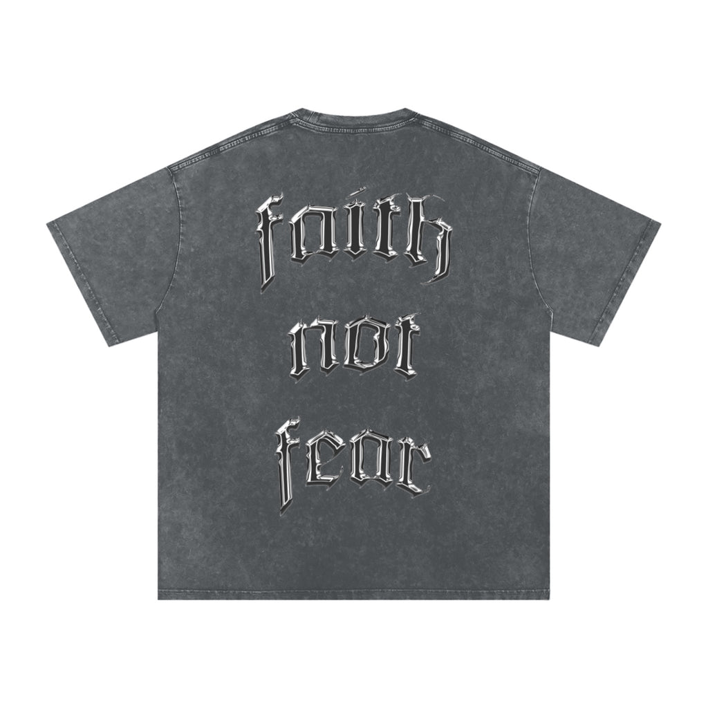 Foundation oversized charcoal washed cotton t-shirt with "Faith Not Fear" graphic print on back.